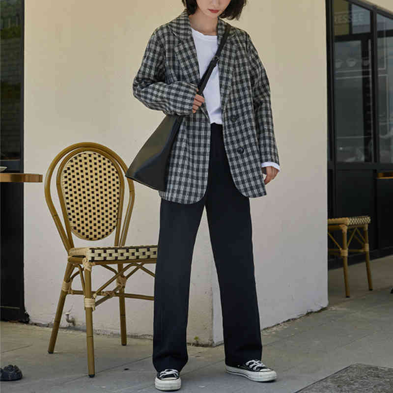 Women Elegant Plaid Blazer Jackets Spring Autumn Long Sleeve Double Button Woolen Suits Coats Female Fashion Outwear 210514