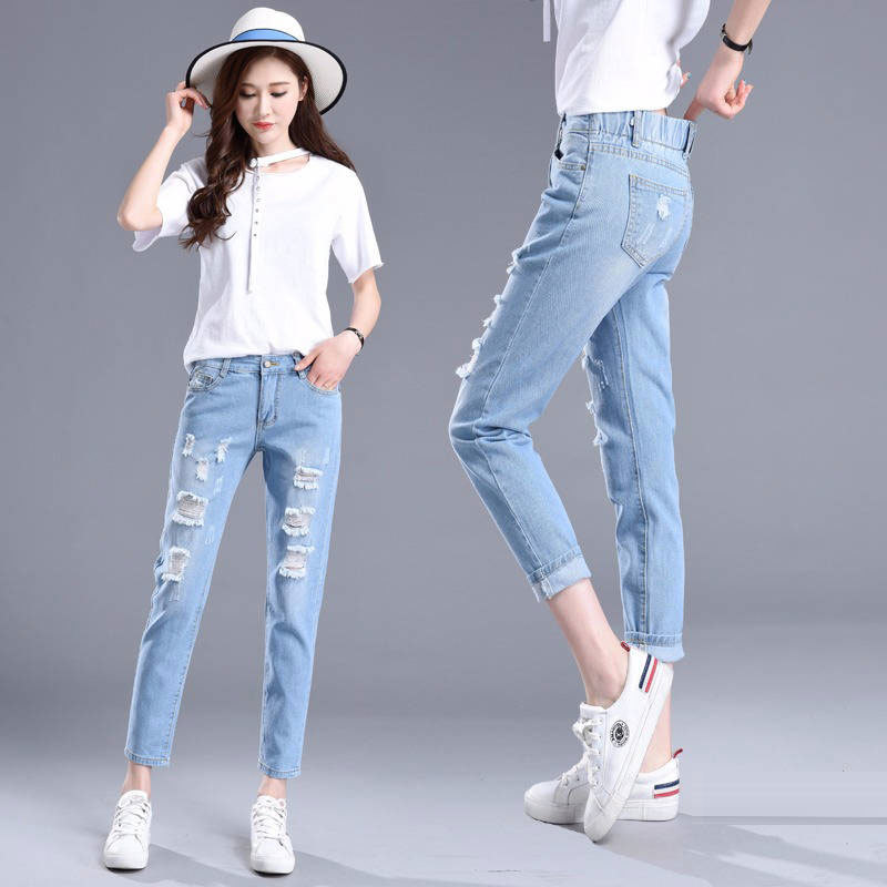 Korea Fashion Women Jeans Elastic Waist Loose All-matched Casual Harem Pants Vintage Ripped Cotton Denim D171 210512