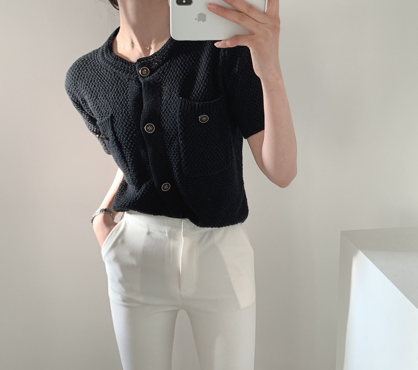 Women Fashion O-Neck Short sleeve knitting Casual Sweater Female Hollow Out Single-breasted Chic Cardigan Top 210519