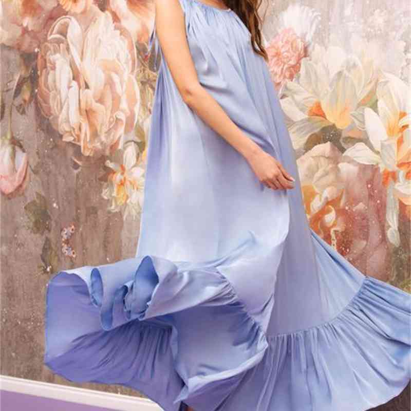 Women Dresses Loose Long Beach Sleeveless Backless Sexy Ruffles Spliced Pleated Plus Size Summer 210513