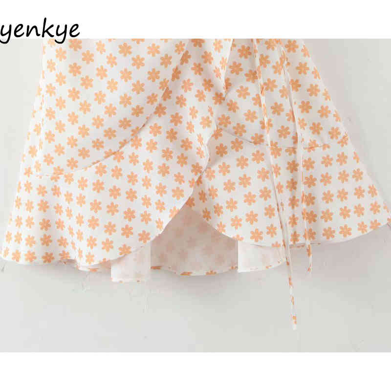 Yellow Floral Print Wrap Dress Sweet Women V Neck Short Sleeve Sundress robe femme A-line Mini Ruffle Holiday Summer Dress 210515