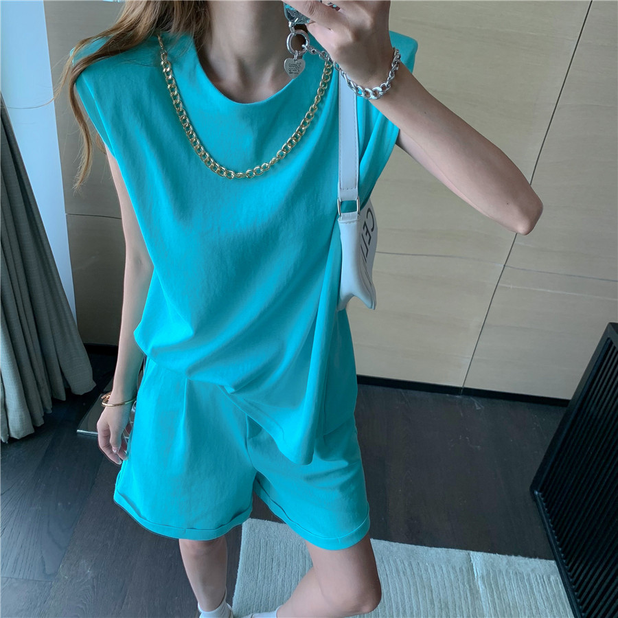 Summer Two Piece Suit Women Vintage Casual Chain O-Neck Sleeveless T- Shirt + High Waist Shorts Mujer Sets 210519