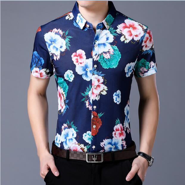 Mens Summer 2021 Floral Dress Shirts Fashion Printing Male Causal Short Sleeve Flowers Clothes Men's Casual