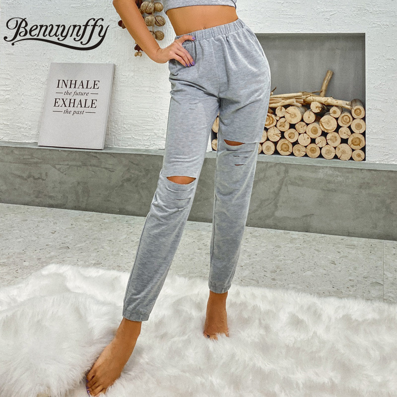 Solid Elastic Waist Sweatpants Women Spring Summer Knit Casual Hole Pants Female High Straight 210510