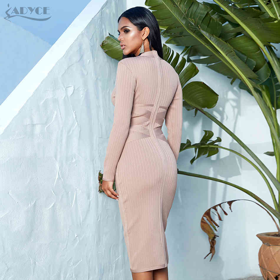 Winter Bodycon Bandage Dress Women Sexy Nude Black Long Sleeve Midi Club Celebrity Evening Runway Party Dresses 210423