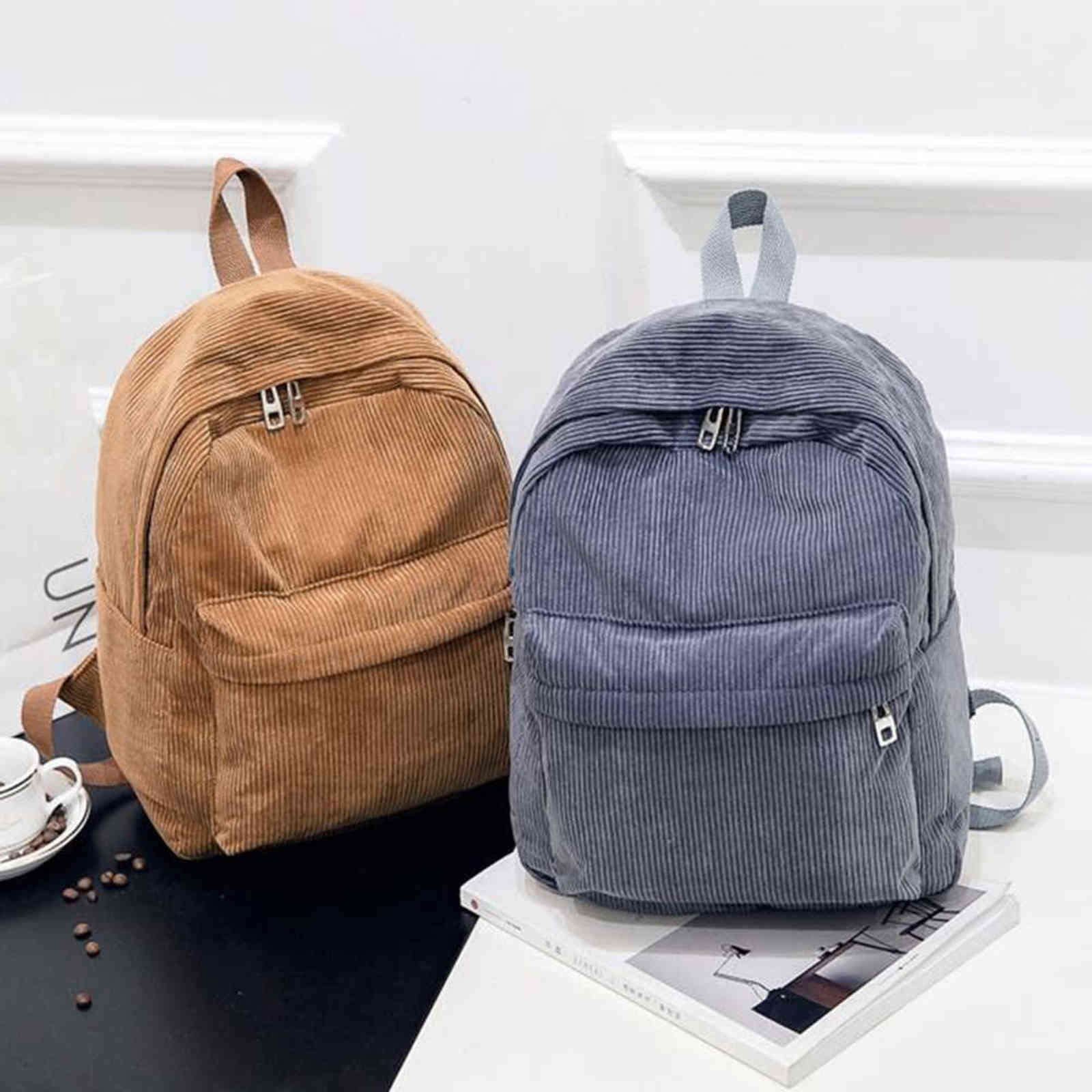 Daily Large Capacity School Bags Women Corduroy Travel Shopping Backpack Unisex Solid Color Zipper Student Knapsack Y1105