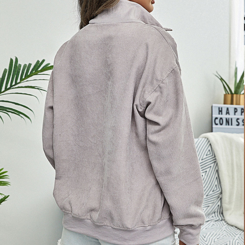 Vintage Corduroy Hoodies Stand Collar Zipper Sweatshirts Streetwear Loose Pullovers Women Autumn Oversized Tops 210428
