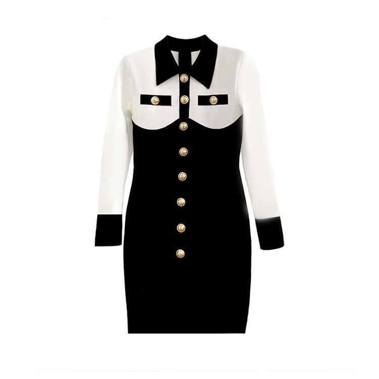 High Quality Women Fashion Long Sleeve Single-breasted Contrasting colors Sweater Jumper Slim Knitting Dresses 210506