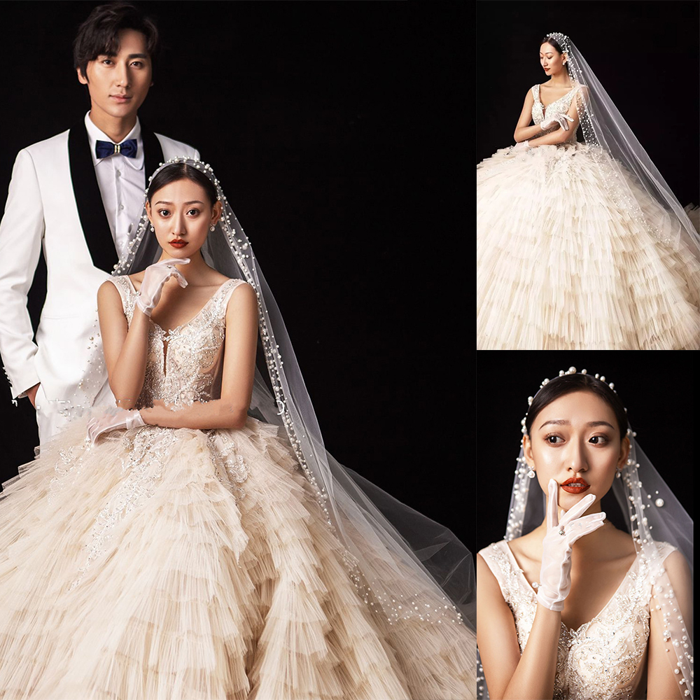 Fashion Head Beading Wedding Veils Appliques Lace Bridal for Girls Cathedral Luxury Long Chapel Length Beaded