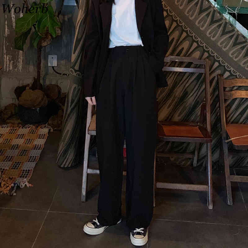 Wide Leg Women Pants Leisure High Waist Long Office Ladies Loose Straight Trousers Black Purple Suit Pant 210519