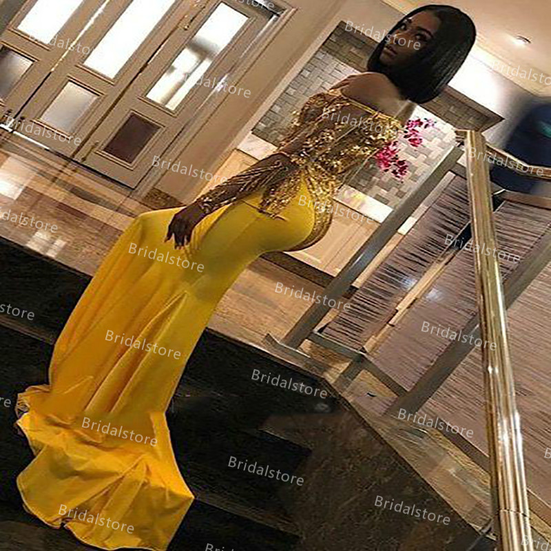 Chic See Through Gold Sequin African Prom Dresses Mermaid Formal Wear 2021 Elegant Long Sleeve Plus Size Evening Gowns Giltter Satin Black Girls Speci