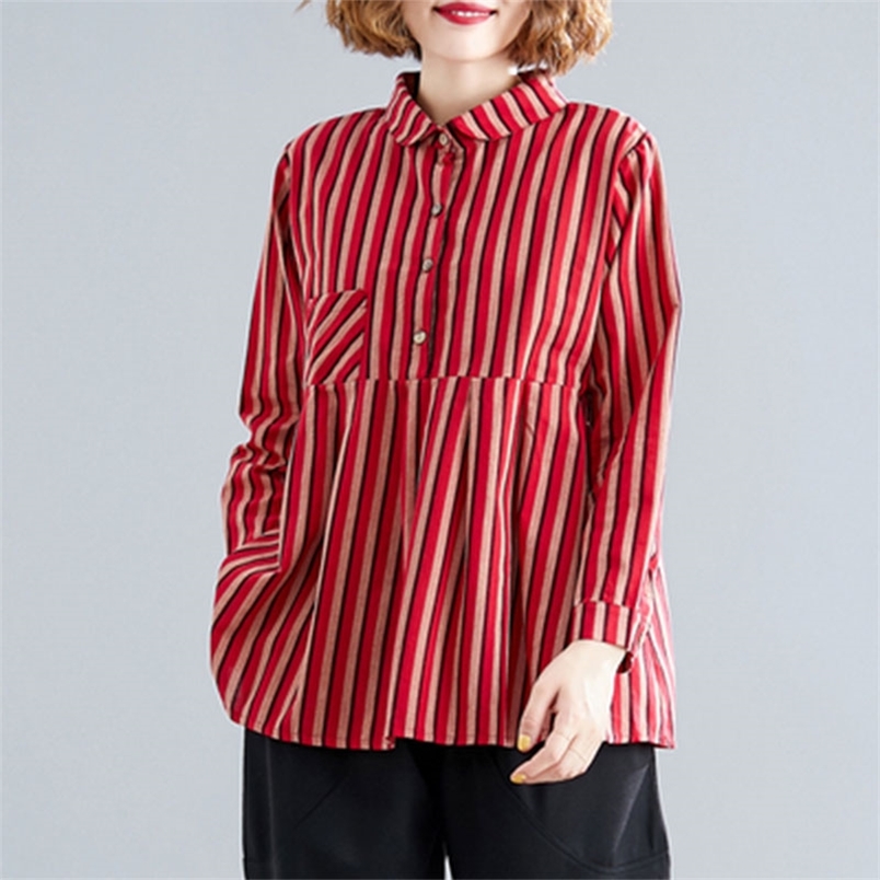 Spring Autumn Arts Style Women Long Sleeve Loose Casual Blouse Cotton Linen Vintage Striped Shirts Plus Size M605 210512