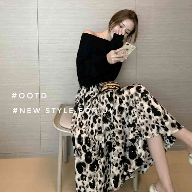 Skirts Vintage Chic Korean Loose Big Swing A Line High Waist Leopard Print Skirt Women Chiffon Faldas Mujer Summer Fashion Wild 210429