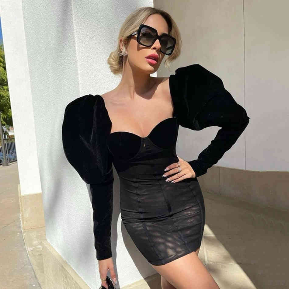 Free Spring Women's Black Dress Sexy Bubble Long Sleeve Halter Bodycon Mini Celebrity Club Party Vestido 210524