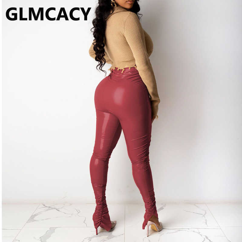 Women High Waist Skinny Slit PU Pants 210702