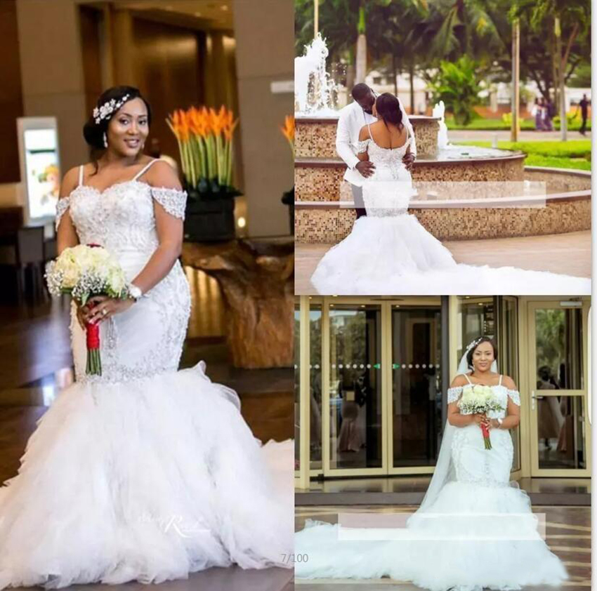 2021 African Plus Size Wedding Dresses Spaghetti Straps Lace Appliques Beadding Capped Mermaid Wedding Dress Tiered Tulle Long Bridal Gowns