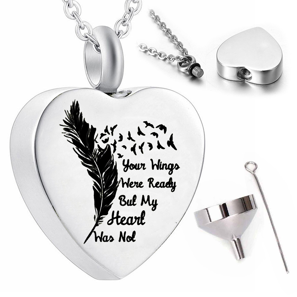 Fashion heart-shaped wild goose feather pattern cremation pendant necklace ashes urn keepsake -your wings were ready but my heart was not
Fashion heart-shaped wild goose feather pattern cremation pendant necklace ashes urn keepsake -your wings were ready but my heart was not