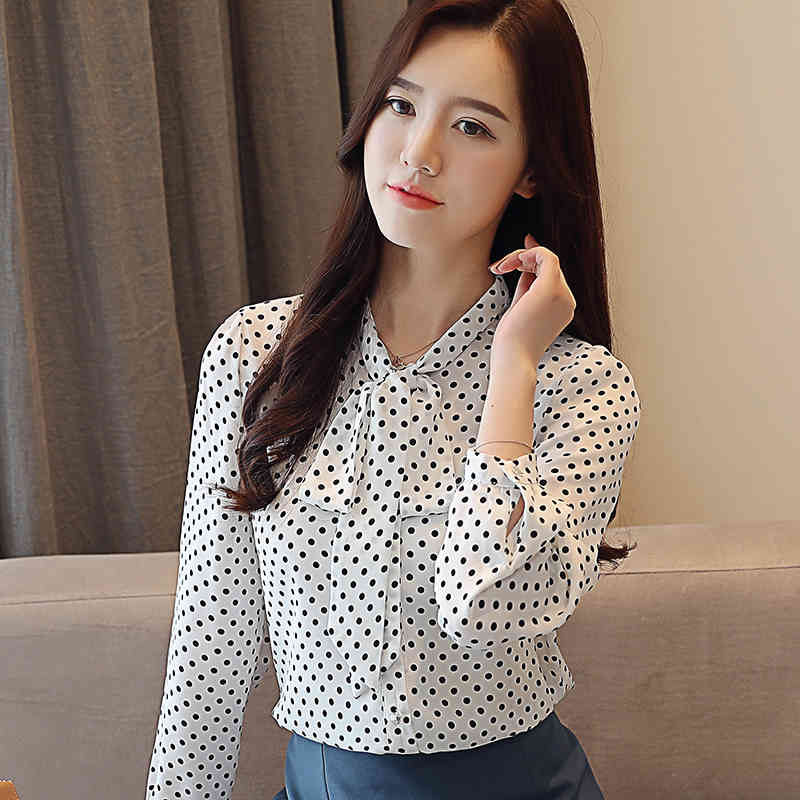 Autumn Korean Chiffon Shirts Polka Dot Casual Blouse Women Cardigan Tops Fashion Bow Tie Loose Long Sleeve Blusas 10642 210518