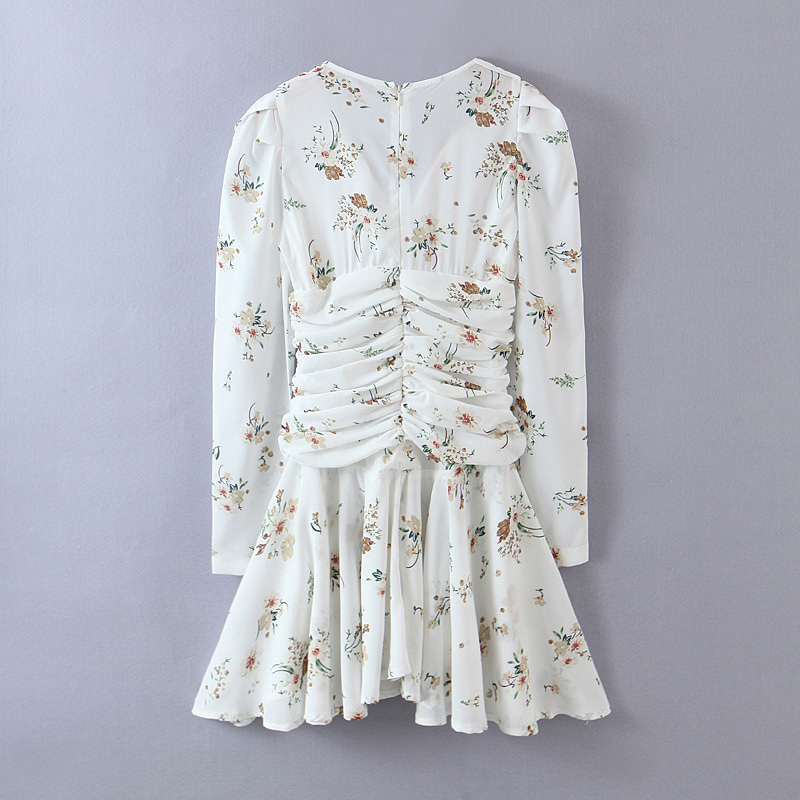 Women Sexy V neck Flower Print Puff Sleeve Pleated Ruffles Mini Dress Package Hips Hem Irregular Party Dresses 210429