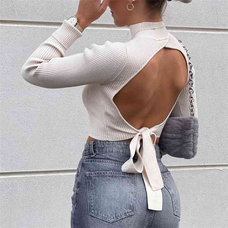 Elegant Women Turtleneck Sweaters Fashion Ladies Beige Knitted Tops Streetwear Female Chic Backless Bow Pullovers 210430