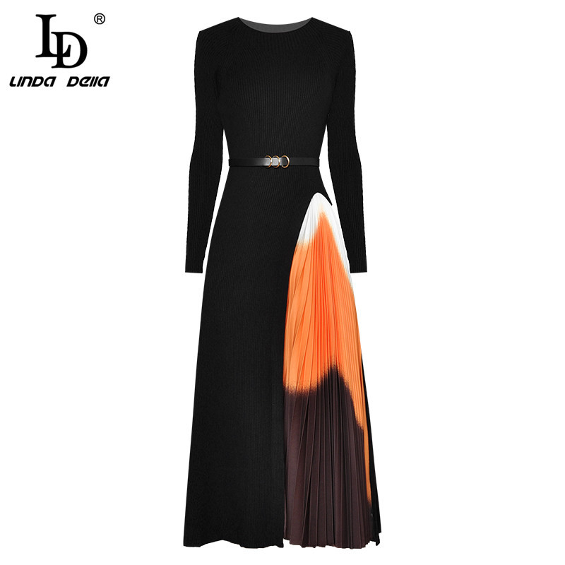 Spring Autum Fashion Runway Vintage elastic Knitted Dress Women Long Sleeve Patchwork Pleated Elegant Midi 210522