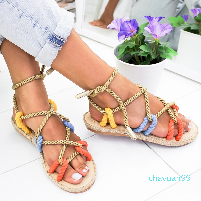 Women Sandals 2021 Fashion Summer Shoes Woman Flat Sandals Hemp Rope Lace Up Gladiator Sandals Non-slip Beach Chaussures