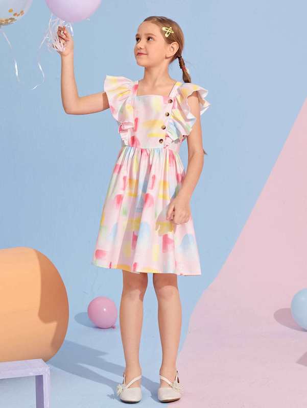 Girls Square Neck Button Front Ruffle Armhole Dress SHE