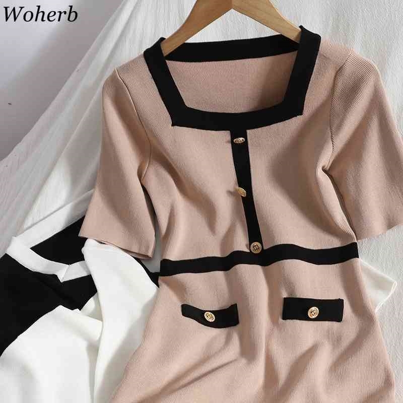 Knitted Dress for Women Fashion Buttoned Contrast Color Square Collar Vestidos Short Sleeve Elegant Bodycon Dresses 4j618 210519