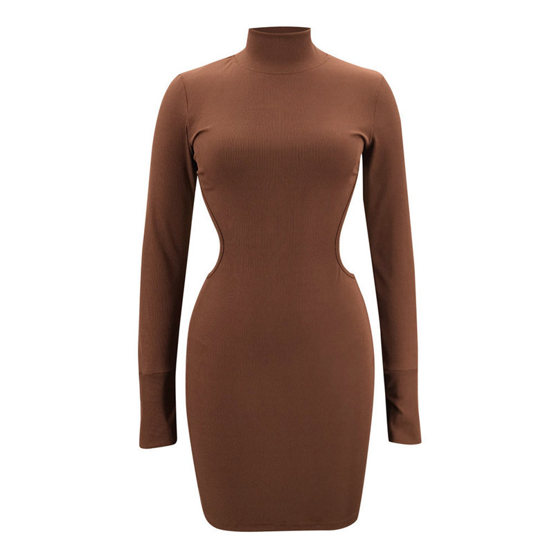 Sexy Backless Slim Women Dress Autumn Solid Turtleneck Package Hip Mini Femme Long Sleeve Knitted Tight Club Party es 210522