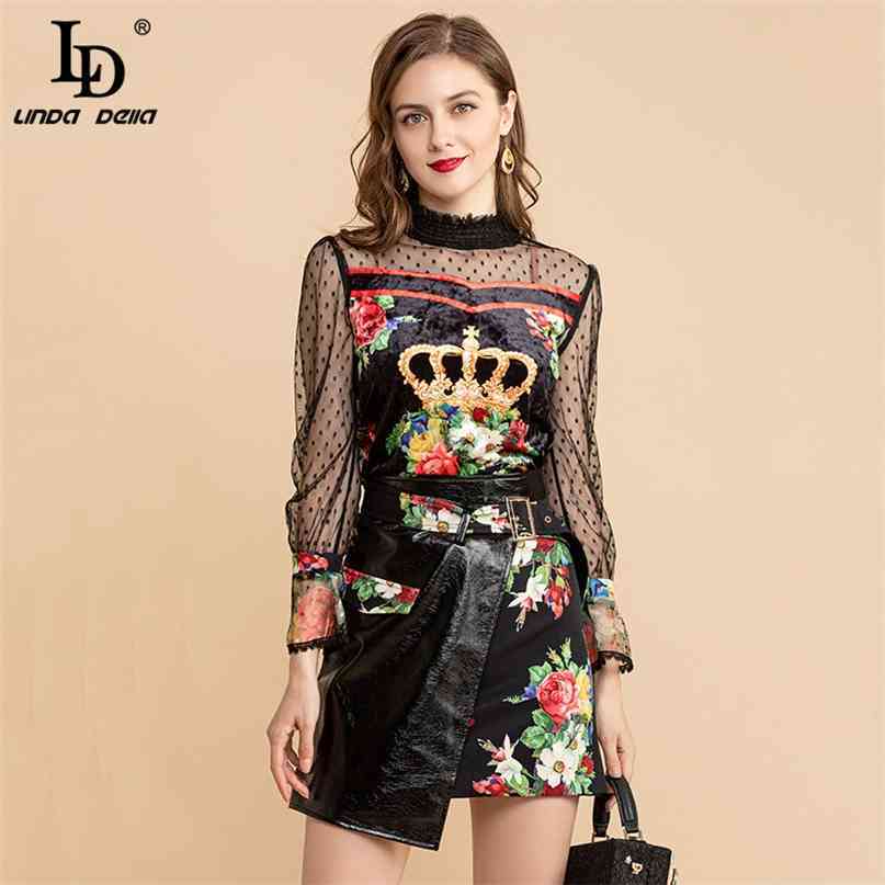 Runway Autumn Skirts Suit Women Long sleeve Polka Dot Mesh Tops and Patchwork Print Vintage 2 Pieces Set 210522