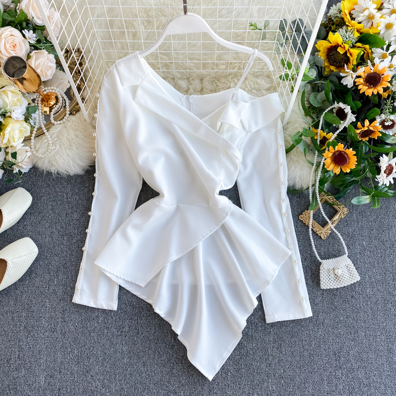Womens Temperament Beaded Full Shirt Off-Shoulder Irregular Notched Office Lady Blusa Solid Tops Female Blouses ML670, Black
Womens Temperament Beaded Full Shirt Off-Shoulder Irregular Notched Office Lady Blusa Solid Tops Female Blouses ML670, Black