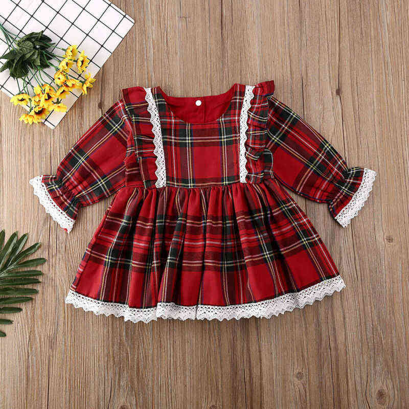 1-6Y Christmas Girls Red Dress Toddler Baby Kid Girls Lace Ruffles Tutu Party Dress Plaid Xmas Costumes Children Clothes 211130