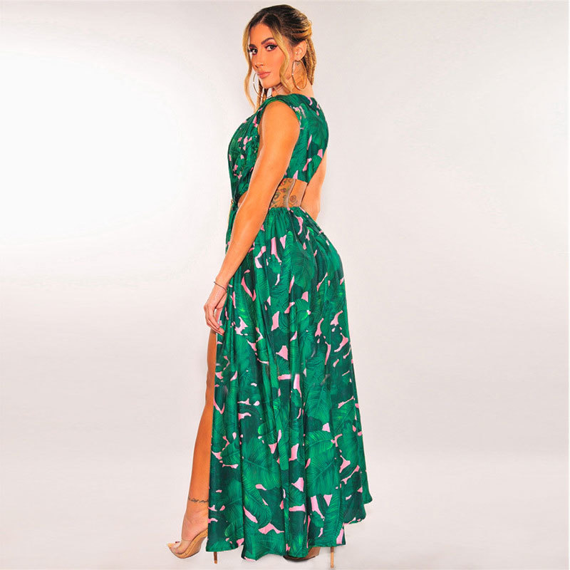 Boho Palm Print Plunge Cut Out Slit Maxi Dress Womens Sleeveless High Sundress Beach Vacation Outfits A881 210420