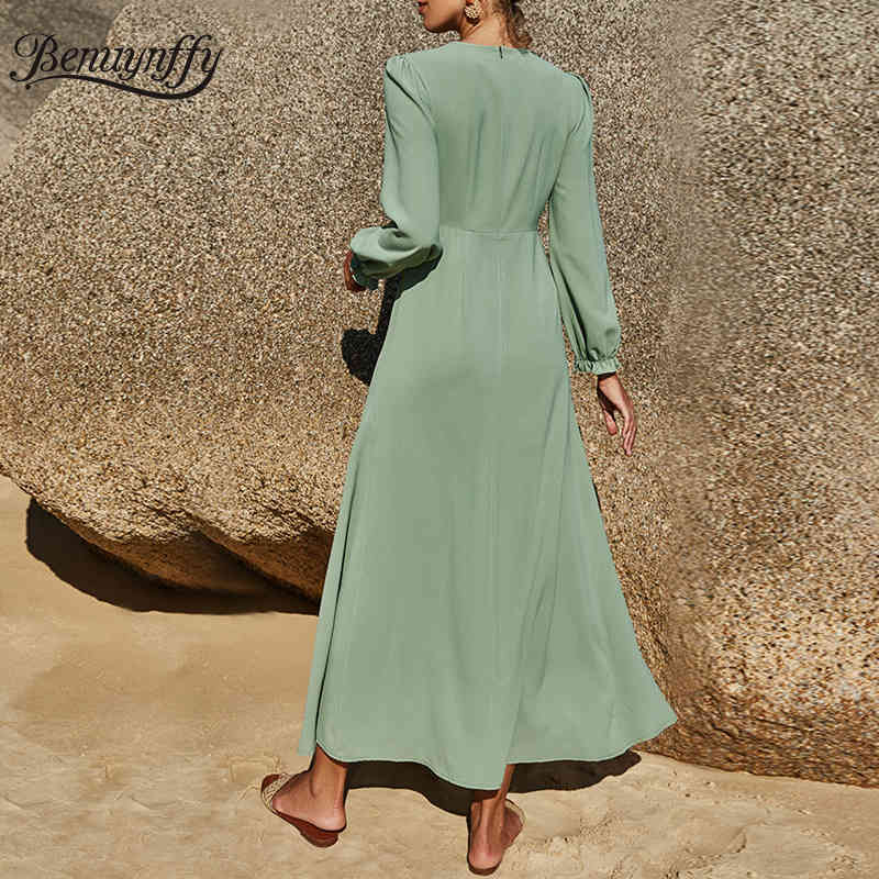 Crew Neck Solid Long Maxi Dresses Women Spring Summer Casual High Waist Sleeve Chiffon Fit and Frale Dress 210510