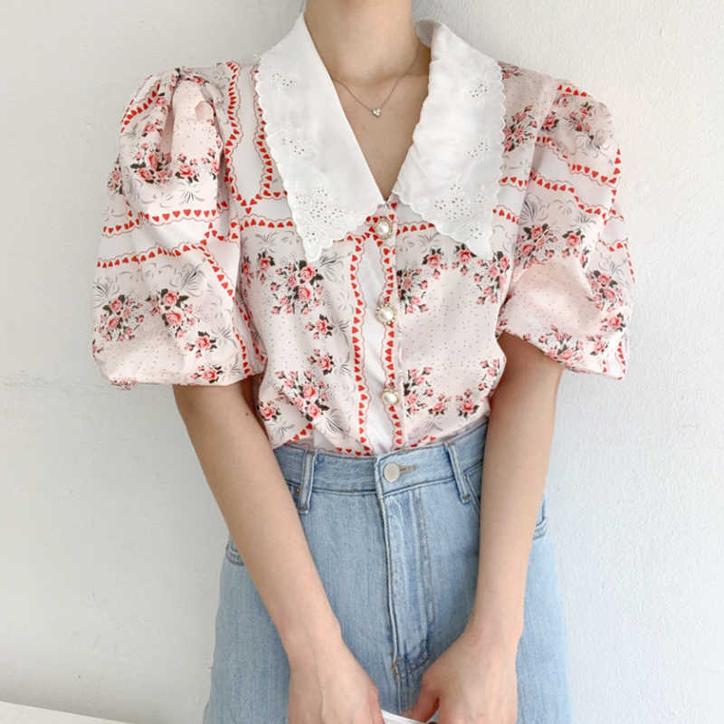 Korejpaa Women Shirt Summer Korean Western Style Vintage Lapel Embroidery Chic Button Puff Sleeve Chiffon Print Blouses 210526