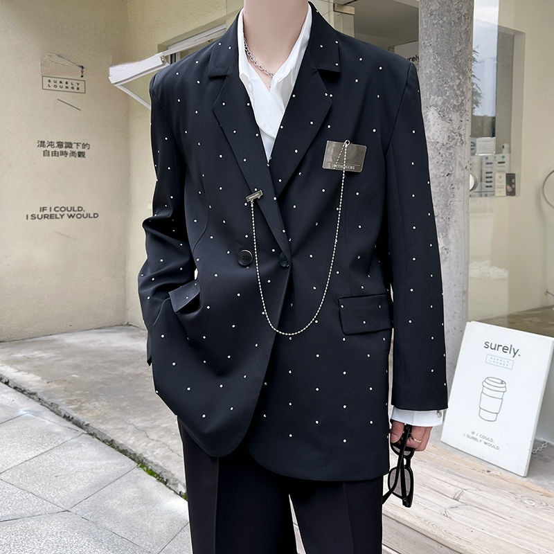 2021 Autumn New Hotfixrhinestone Blazer Niche Korean Trendy Men's Korean Loose Light Luxury Black White Suit Jacket Chain, White;black
2021 Autumn New Hotfixrhinestone Blazer Niche Korean Trendy Men's Korean Loose Light Luxury Black White Suit Jacket Chain, White;black