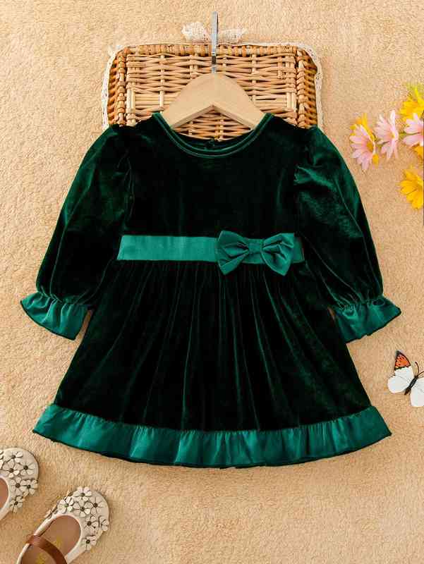 Baby Flounce Sleeve Bow Front Ruffle Hem Velvet Dress SHE