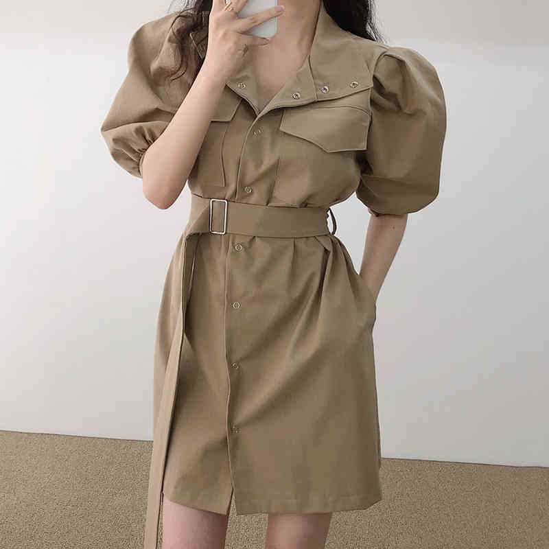 French retro lapel double pocket single breasted waist puff sleeve tooling dress women 210525, Green
French retro lapel double pocket single breasted waist puff sleeve tooling dress women 210525, Green