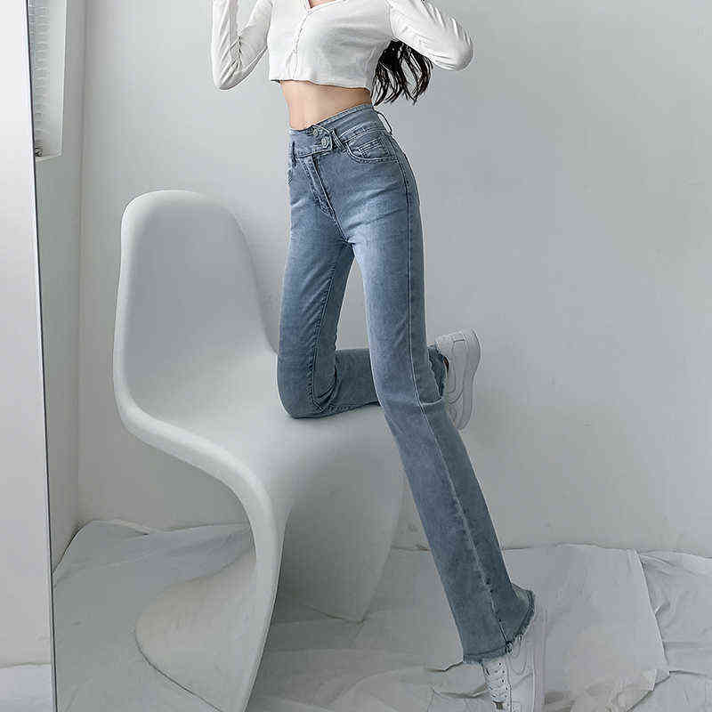 Jeans Women Solid Blue Sexy Slimhigh Waist Jean Simple Ladies Full Length Mom Cowboy Denim Flared Pants Mujer Autumn 211129