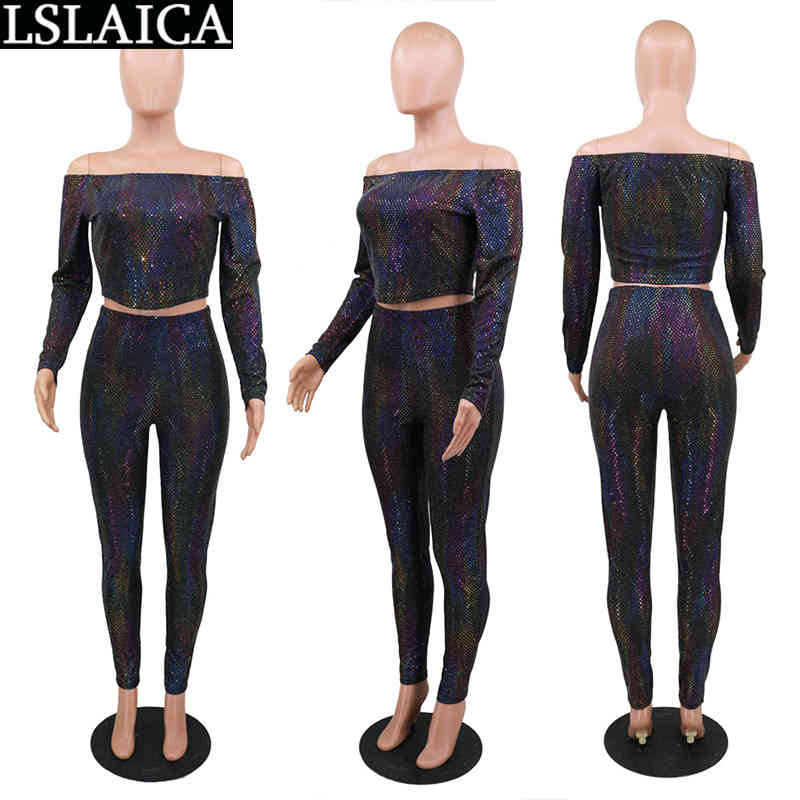 Women Clothes Fashion Skinny Sexy Clubwear Outfits One Shoulder Short Long Sleeved Top Casual Trousers Two Piece Female 210515