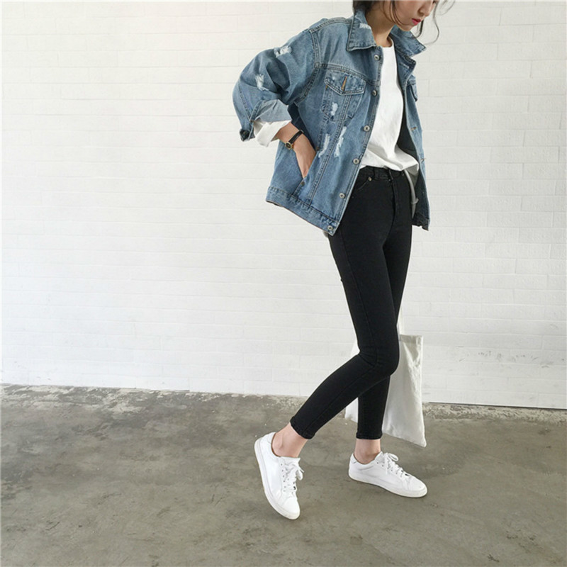 Women Basic Coat Denim Jacket Winter For Jeans ripped Frayed Lady Loose plus size 210428