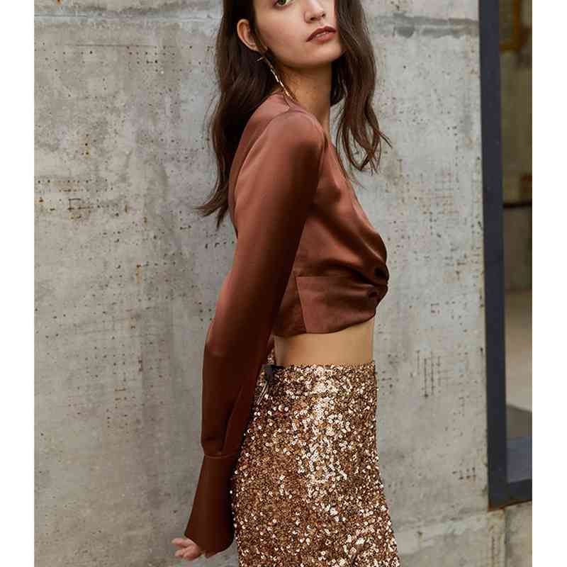 Brief Pleated Temperament Satin Crop Shirt Women Sexy Cross V neck Hem Tie Pullovers Blouse Short Tops 210429