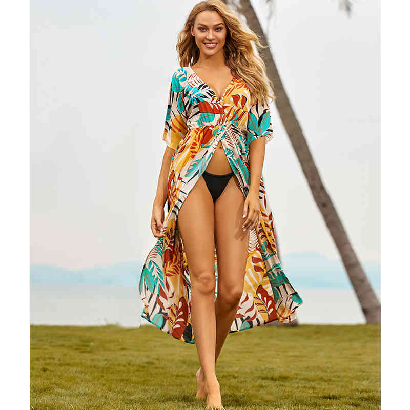 Sexy Bikini Cover-ups Cotton Tunic Boho Printed Summer Wrap Dress Elegant Women Plus Size Beach Wear Swim Suit Cover Up Q1112 210420
