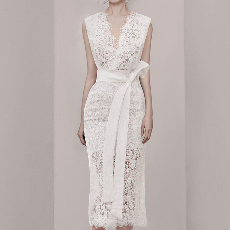 Runway Summer Sheath Party Dress Vintage Women Sleeveless Lace Hollow Out Bodycon Sexy White V Neck Sashes 210519