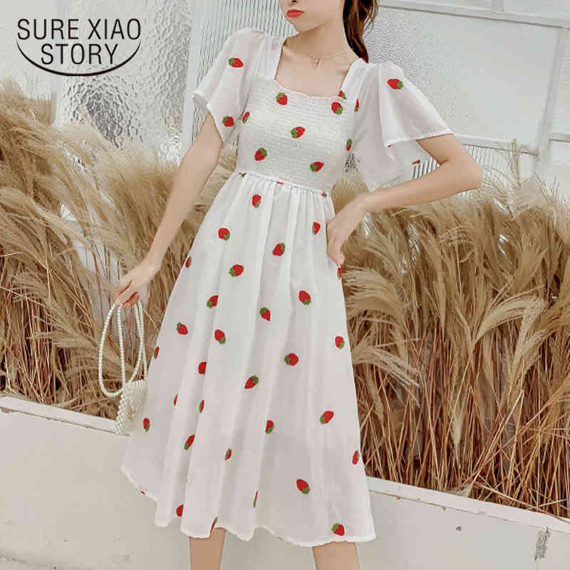 Summer A-line Sweet Floral Dress Women Short Puff Sleeve Maxi White Square Collar Beach Party es 14547 210506