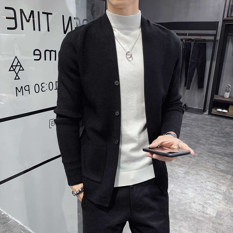 Autumn Cardigan Men Clothing Fashion Button Decor Korean Sweater Men Front Pocket Loose Casual Mens Cardigan 3Color 3XL 210818