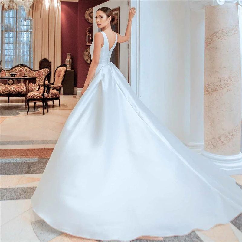 Elegant Satin Jumpsuit Wedding Dress 2021 White Long Train Bridal Gowns Low-Back vestidos de novia Simple Pants Suit Bride Dresses Custom Made