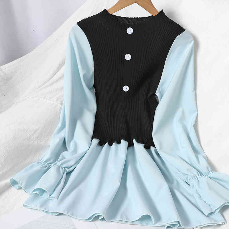 Nomikuma Knitted Patchwork Pullover Women Blouse Korean Buttons Long Sleeve O-neck Shirt Spring New Blusas Feminimos 6D989 210427