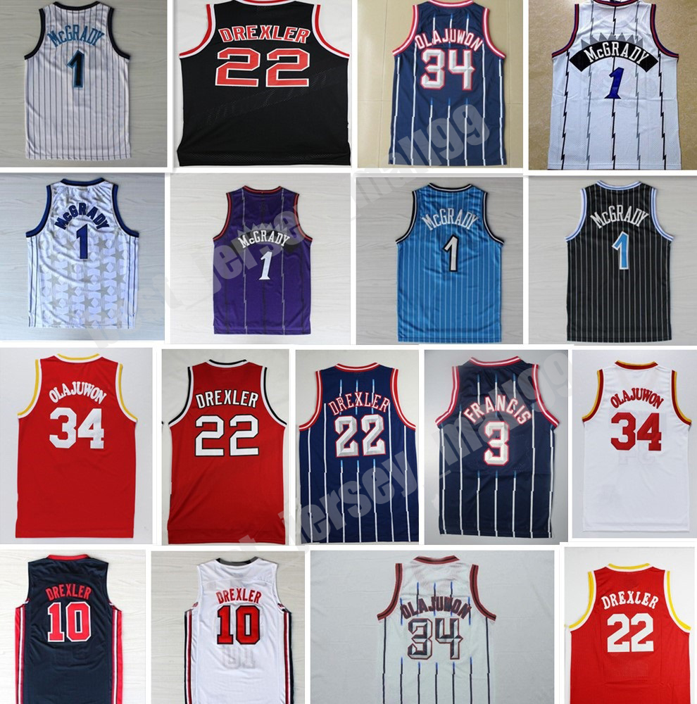 Tracy 1 McGrady 22 Clyde Drexler Jersey Black Red 34 Hakeem Olajuwon White Blue Stripe 3 Steve Francis Basketball Jerseys Retro Throw back от DHgate WW