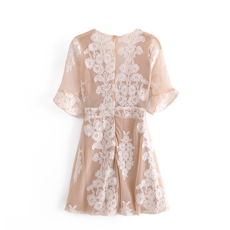 Spring Women Perspective Mesh Hollow Out Embroidery Short Dress Sexy Slim fit Package Hips Party Dresses 210429